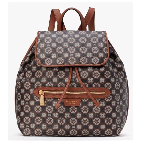 New Kate Spade Flower Monogram Coated Canvas Medium Backpack Black Multi - Picture 1 of 6